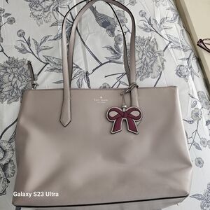 Kate Spade Taupe Tote with Burgundy Bow Accent